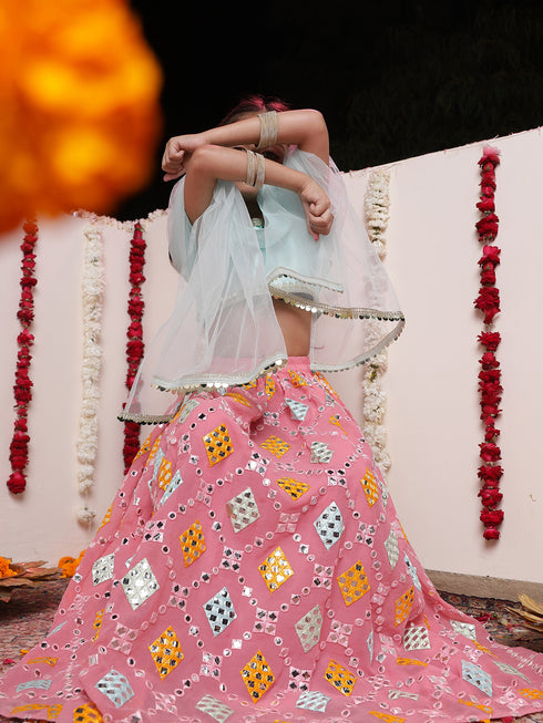 Girl's' Aqua And Pink Georgette Lehenga Set