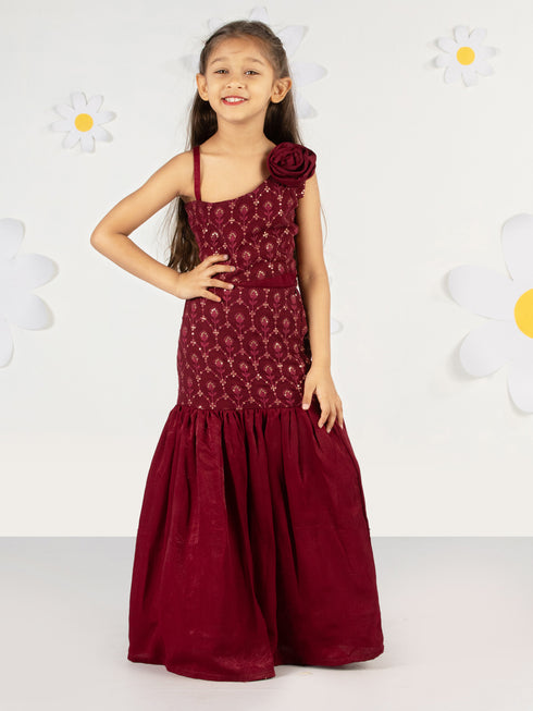 Girls' Wine Fish Cut Sequined Skirt And Top Set