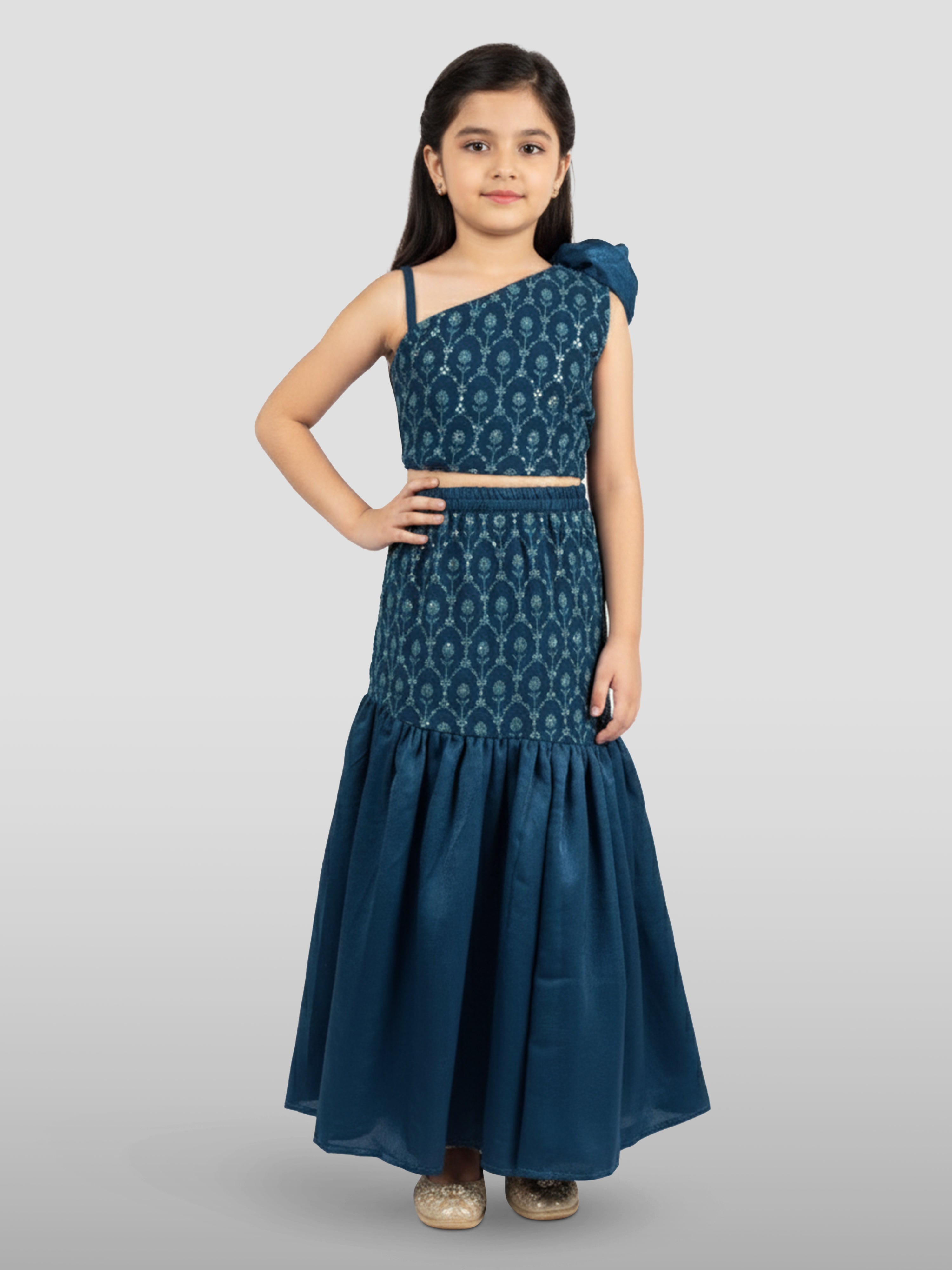 Vastramay Girls Turquoise Georgette Lehenga Set