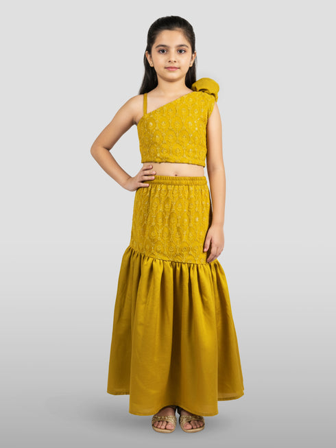 Vastramay Girls Yellow Georgette Lehenga Set
