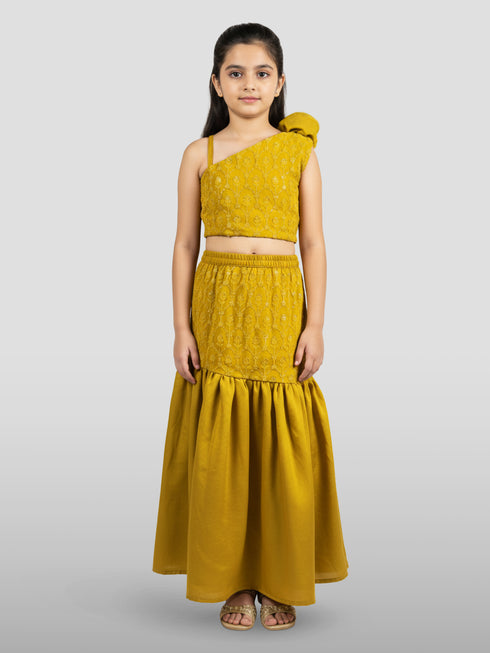 Vastramay Girls Yellow Georgette Lehenga Set