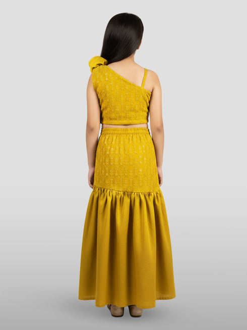 Vastramay Girls Yellow Georgette Lehenga Set