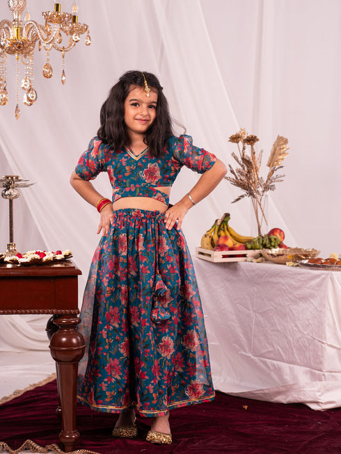 Girl's' Green Printed Organza Lehenga Set