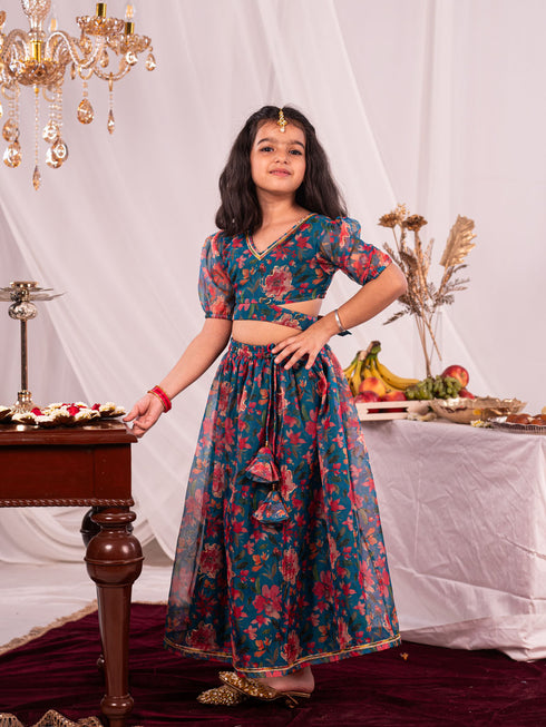 Girl's' Green Printed Organza Lehenga Set