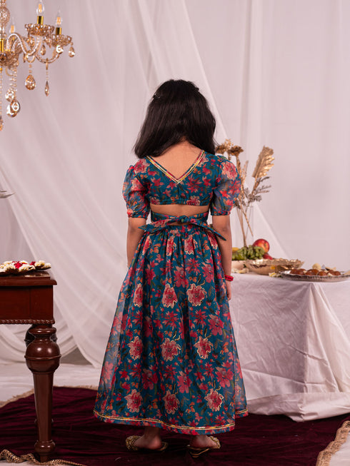 Girl's' Green Printed Organza Lehenga Set