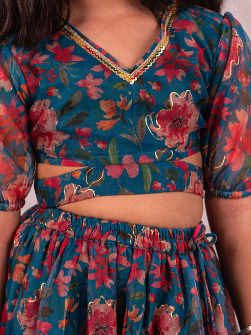 Girl's' Green Printed Organza Lehenga Set