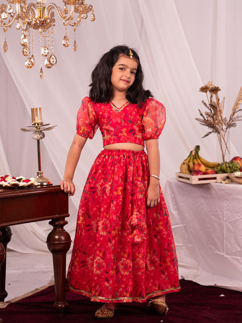 Girl's' Pink Printed Organza Lehenga Set