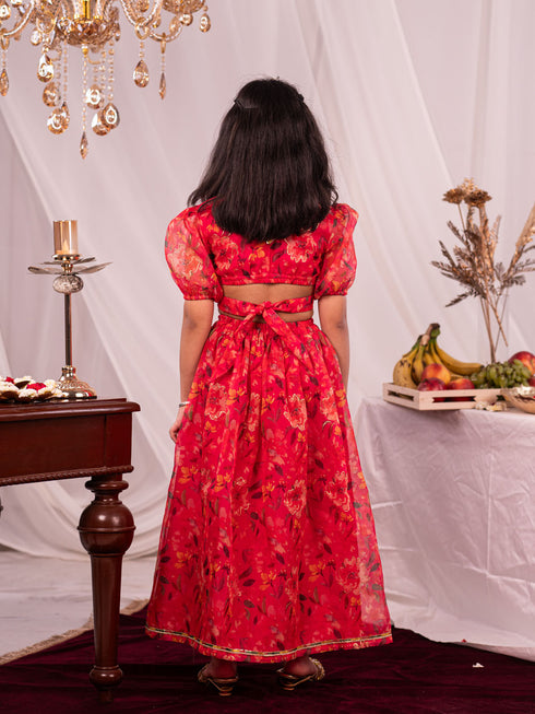 Girl's' Pink Printed Organza Lehenga Set