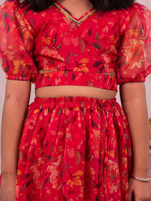 Girl's' Pink Printed Organza Lehenga Set