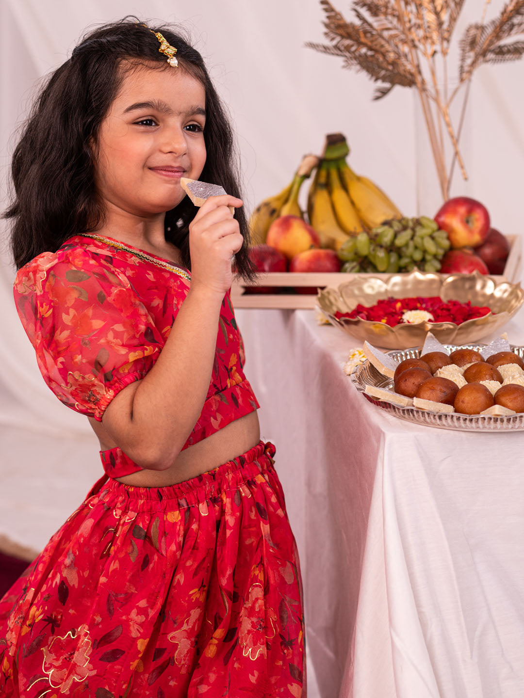 Girl's' Pink Printed Organza Lehenga Set