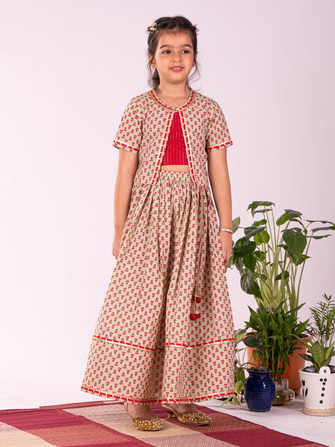 Girl's' Mint Green And Red Lehenga Set