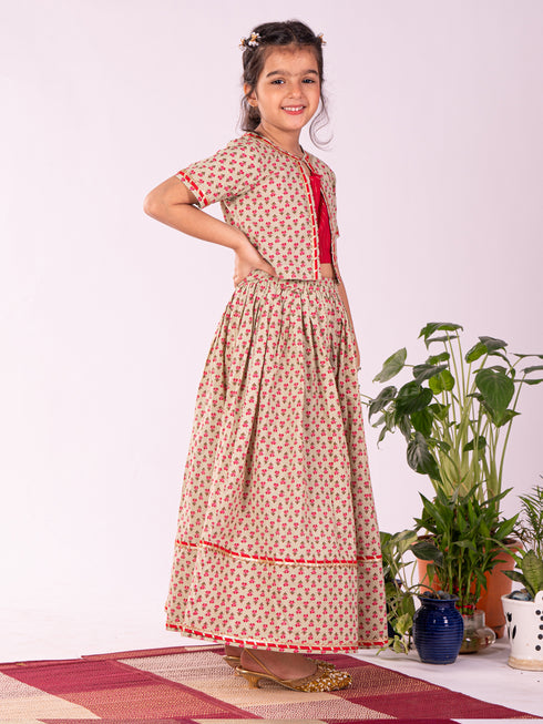 Girl's' Mint Green And Red Lehenga Set