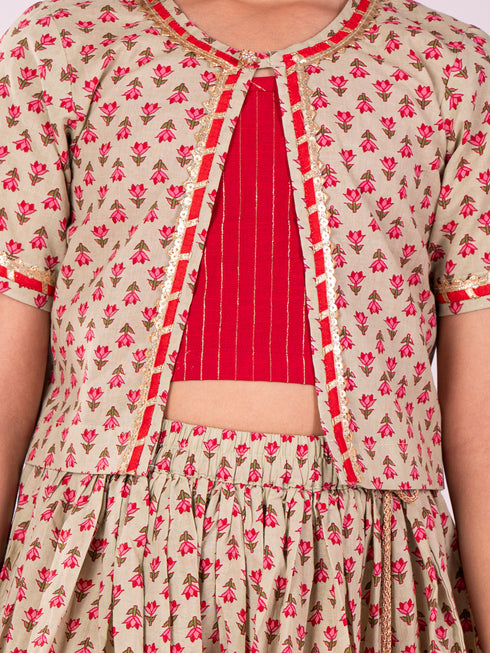 Girl's' Mint Green And Red Lehenga Set