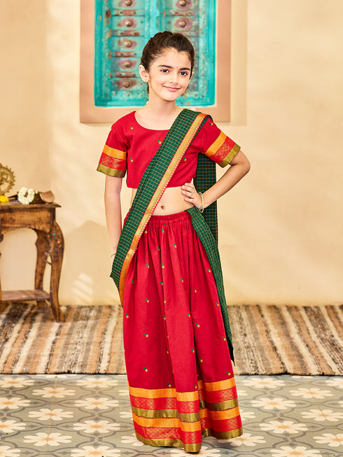 Girl's' Maroon And Green Lehenga Set