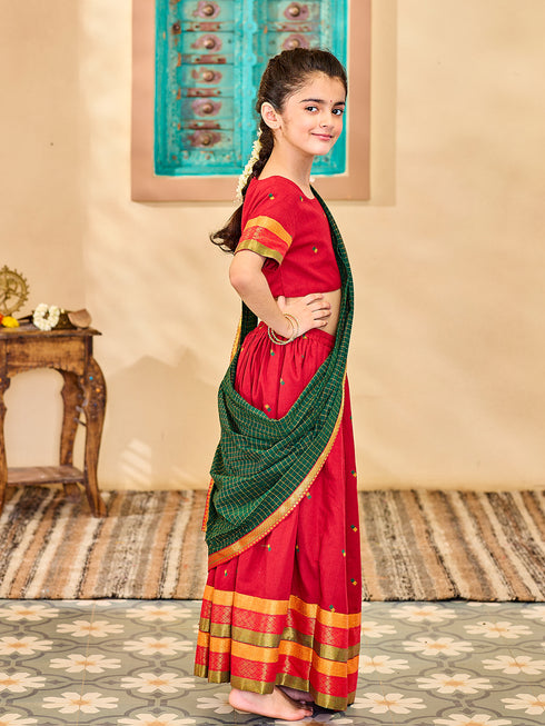 Girl's' Maroon And Green Lehenga Set