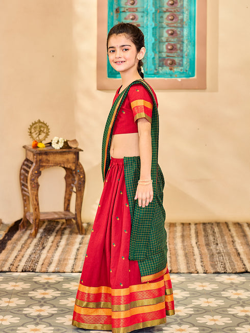 Girl's' Maroon And Green Lehenga Set