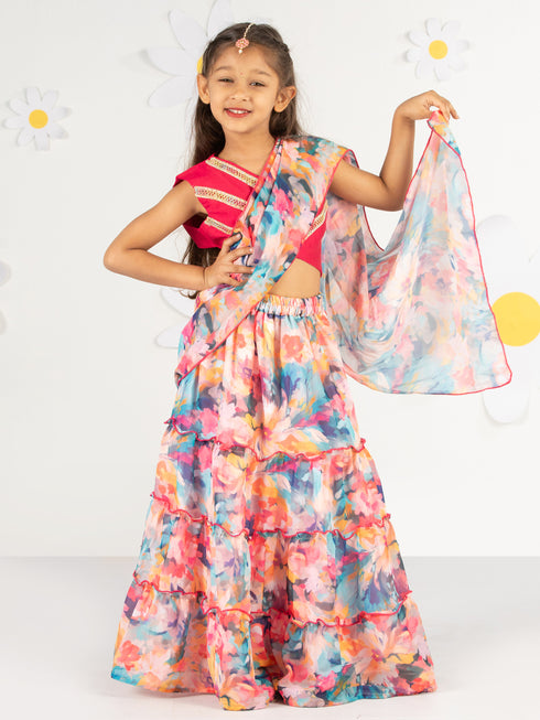 Girl's' Pink And Multicolour Lehenga Set