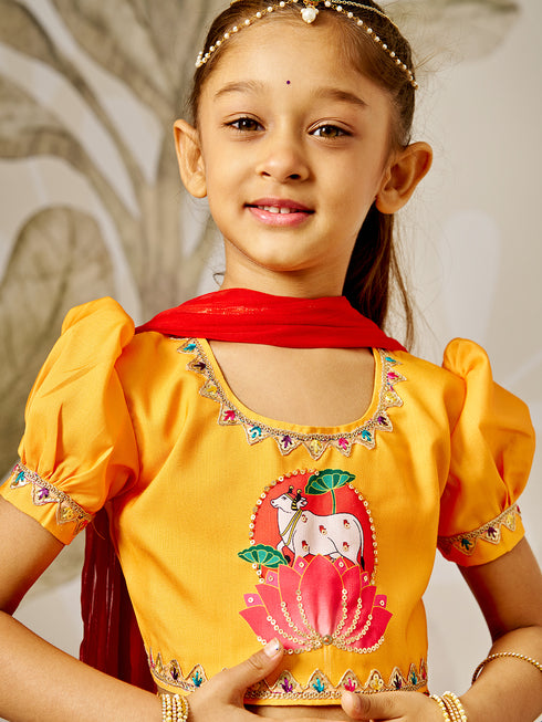 Girl's Mustard & Red Animal Print Lehenga Set