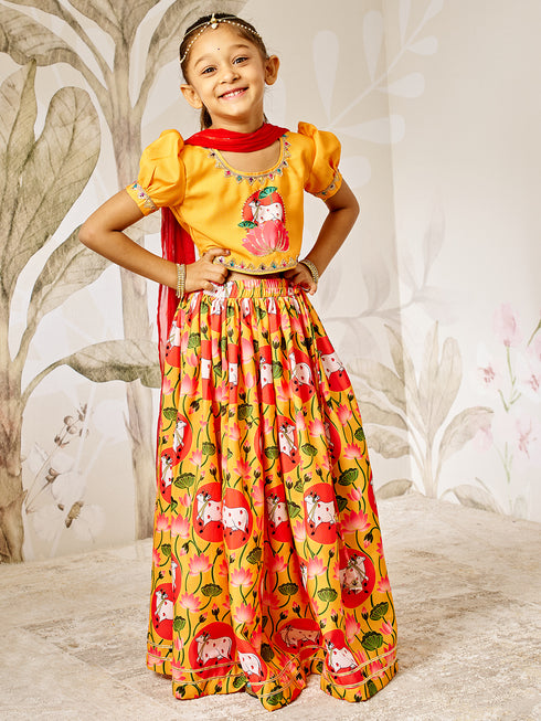 Girl's Mustard & Red Animal Print Lehenga Set