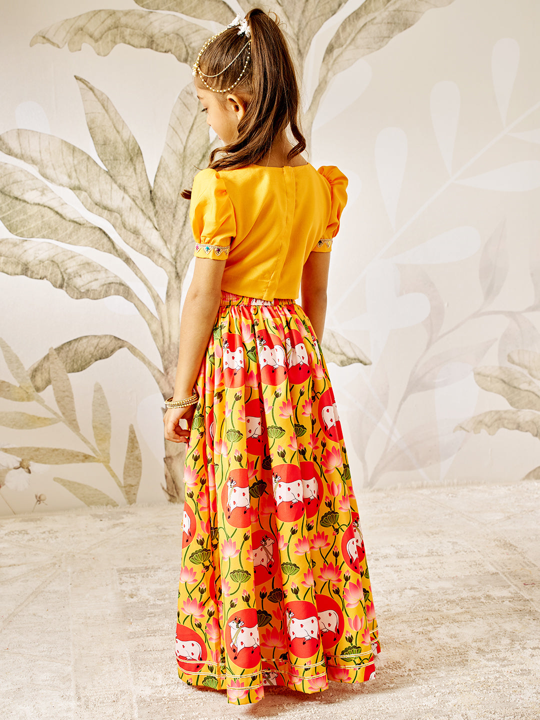 Girl's Mustard & Red Animal Print Lehenga Set