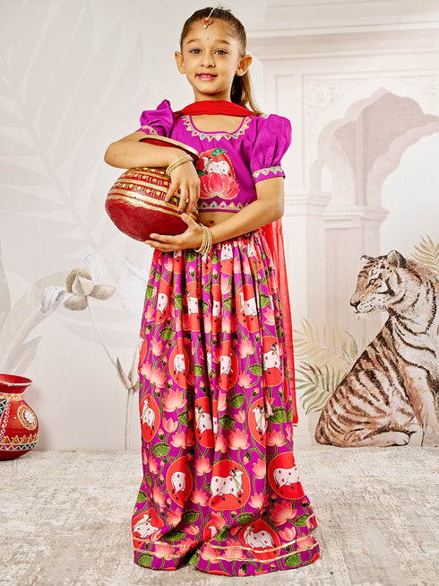 Girl's Purple & Red Animal Print Lehenga Set