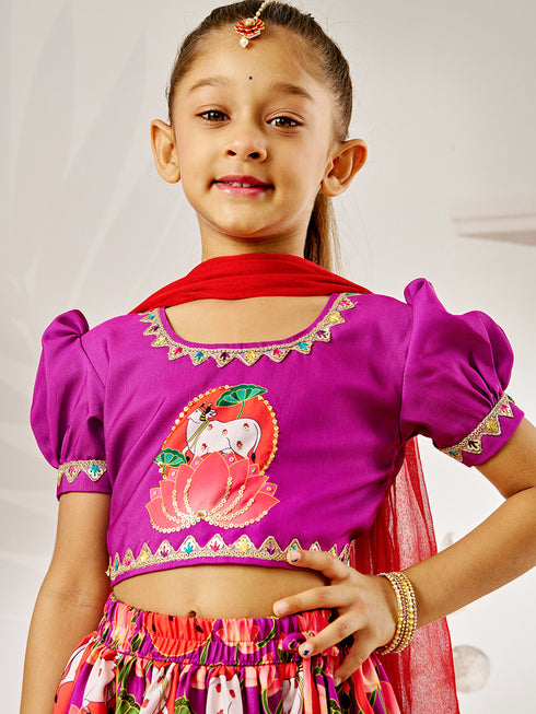 Girl's Purple & Red Animal Print Lehenga Set