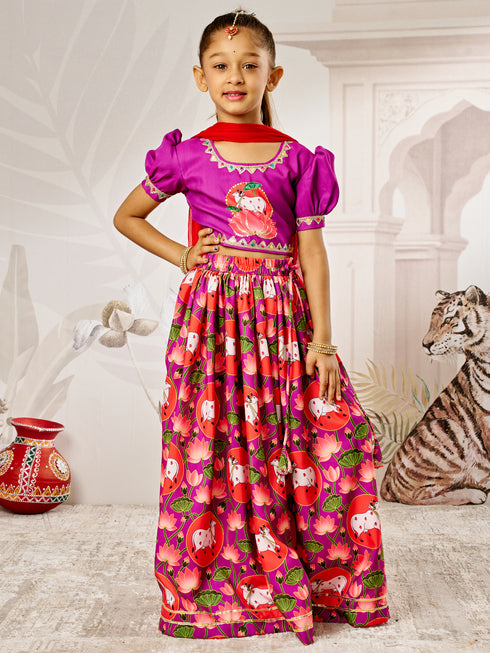 Girl's Purple & Red Animal Print Lehenga Set