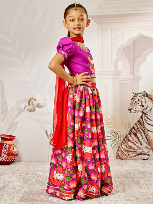Girl's Purple & Red Animal Print Lehenga Set