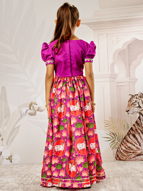 Girl's Purple & Red Animal Print Lehenga Set