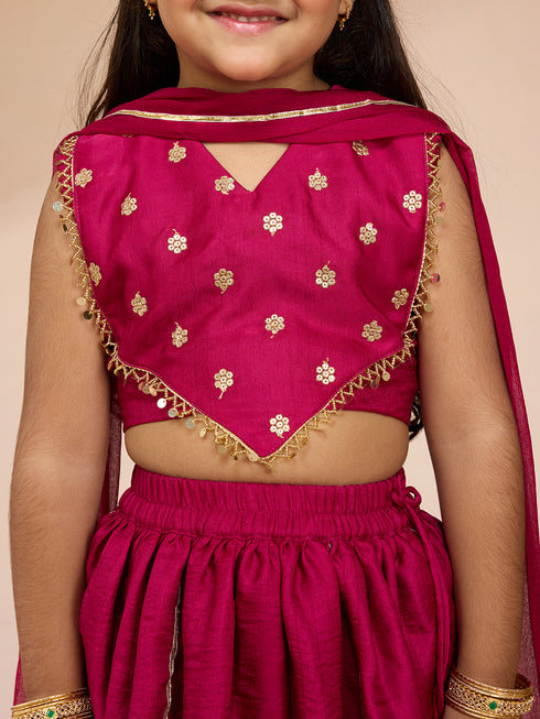 Vastramay Girls' Rani Pink Satin Lehenga Set with Embroidery