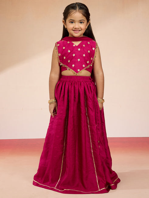 Vastramay Girls' Rani Pink Satin Lehenga Set with Embroidery