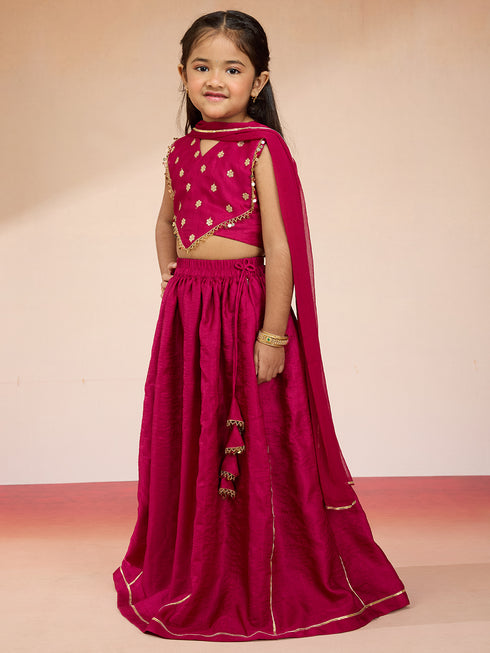 Vastramay Girls' Rani Pink Satin Lehenga Set with Embroidery