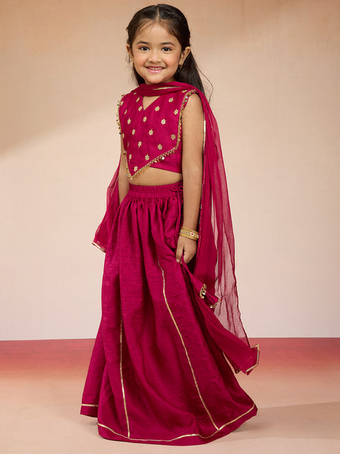 Vastramay Girls' Rani Pink Satin Lehenga Set with Embroidery