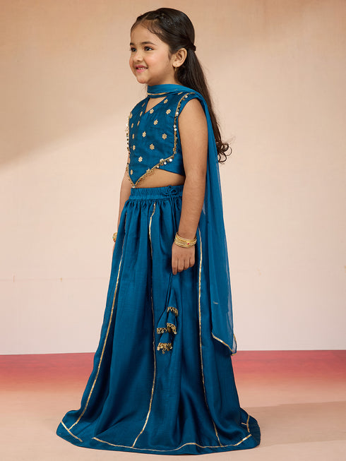 Vastramay Girls' Turquoise Satin Lehenga Set with Embroidery