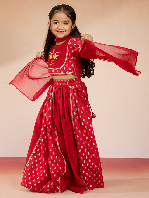 Vastramay Girls Red Viscose Lehenga Set