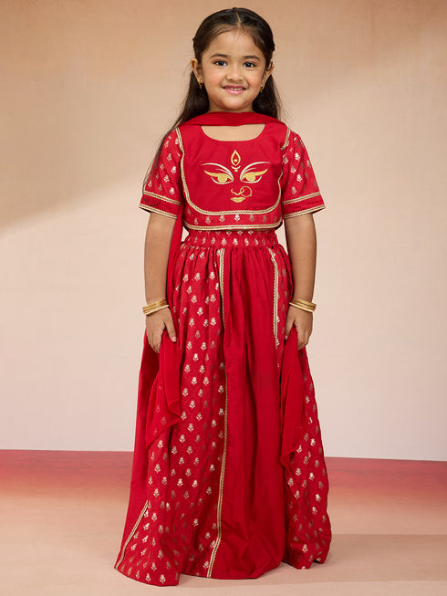 Vastramay Girls Red Viscose Lehenga Set