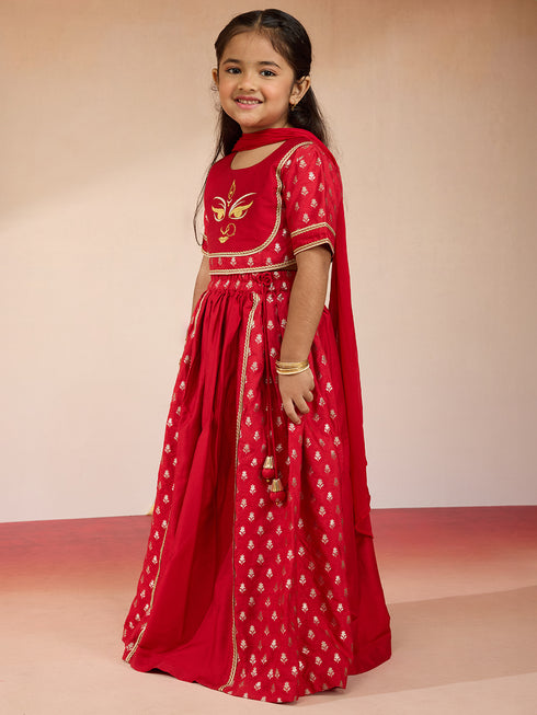 Vastramay Girls Red Viscose Lehenga Set