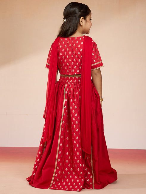 Vastramay Girls Red Viscose Lehenga Set