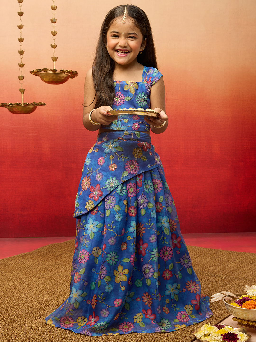 Vastramay Girls Blue Organza Lehenga Set