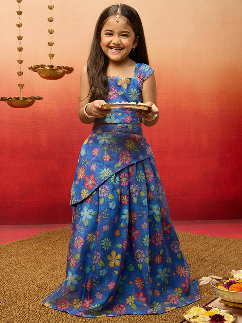 Vastramay Girls Blue Organza Lehenga Set