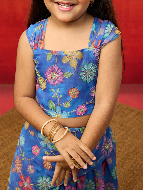 Vastramay Girls Blue Organza Lehenga Set