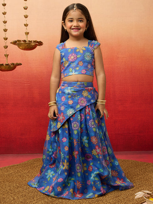 Vastramay Girls Blue Organza Lehenga Set