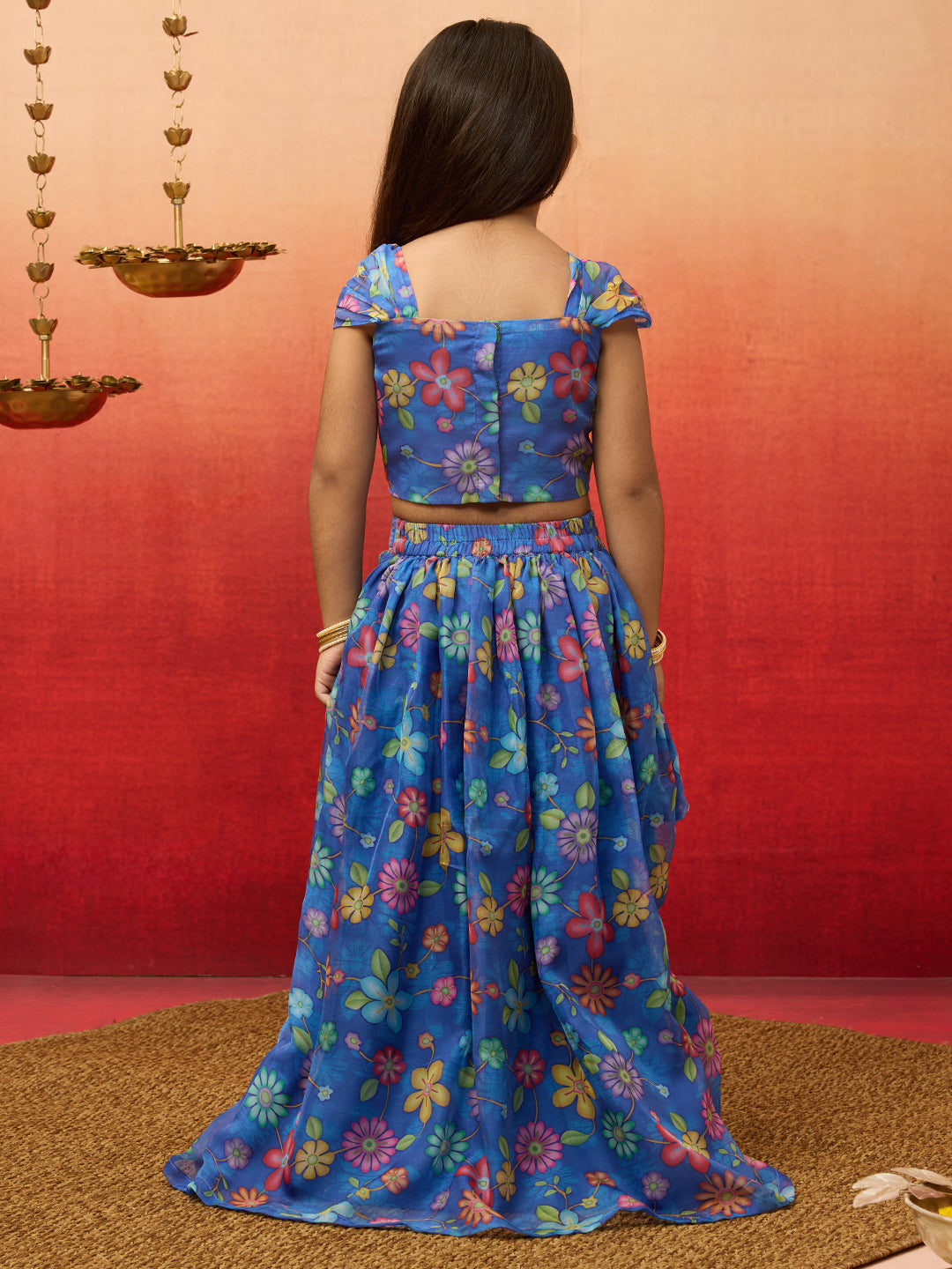 Vastramay Girls Blue Organza Lehenga Set