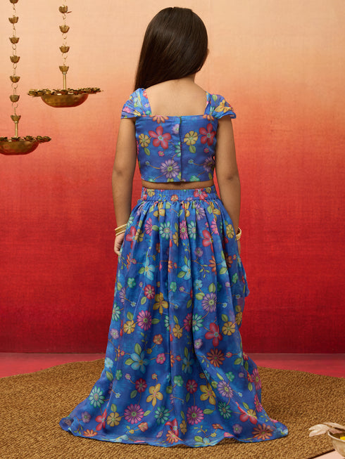 Vastramay Girls Blue Organza Lehenga Set