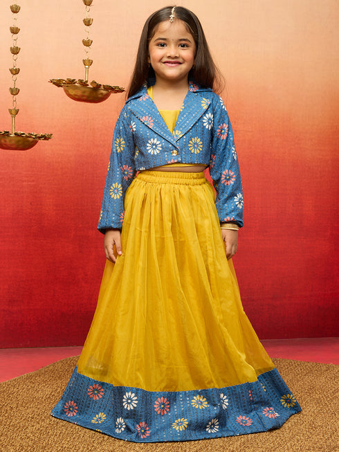 Vastramay Girls Yellow Lehenga Set with Jacket