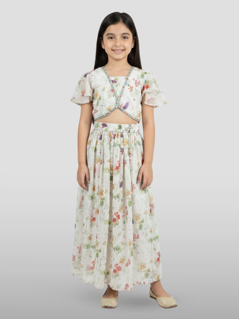 Girl's Cream Georgette Digital Print Lehenga Choli Set