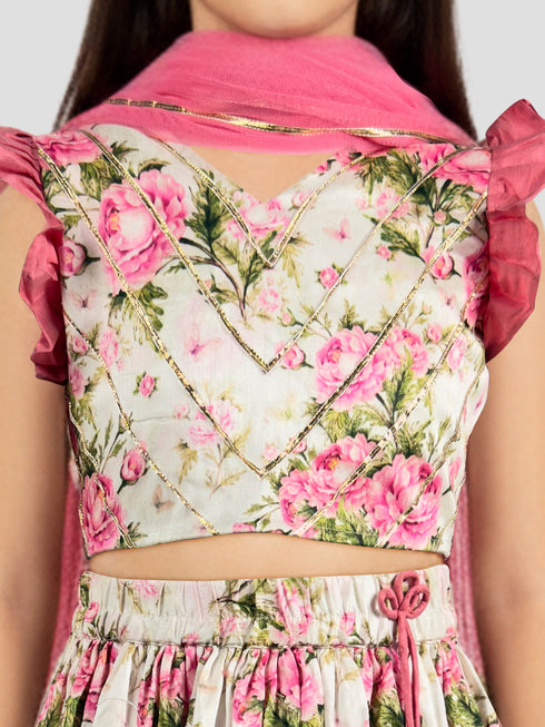 Girls Pink Dupion Silk Digital Print Lehenga Choli Set