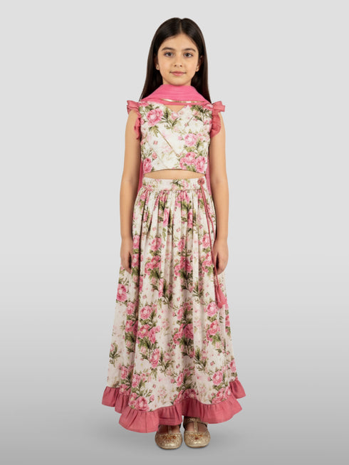 Girls Pink Dupion Silk Digital Print Lehenga Choli Set