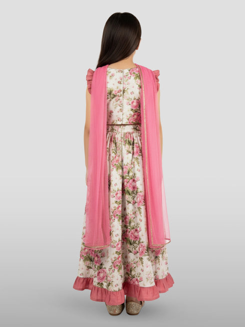 Girls Pink Dupion Silk Digital Print Lehenga Choli Set