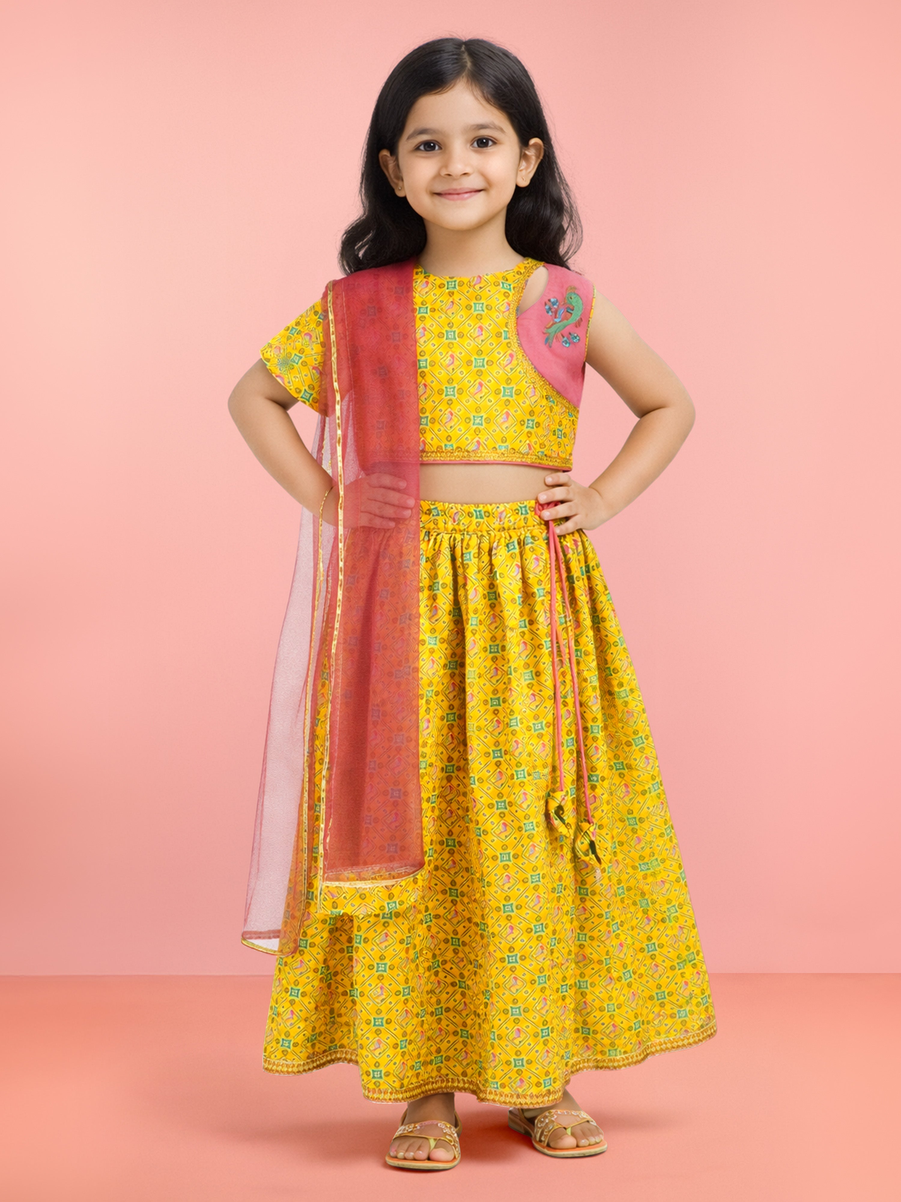 Girls Yellow Cotton Digital Animal Print Resham Embroidery Lehenga Choli with Net Dupatta Set